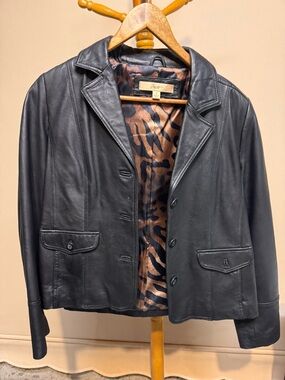 Vintage Women’s Motto Black Leather Jacket  Brown Leopard-Print Satin-Lined